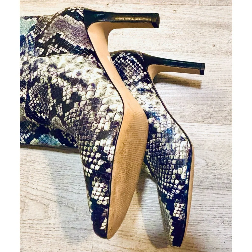 Marc Fisher LTD Black, White and Blue Snakeskin Embossed Leather Heel Boots- 7.5 - Picture 6 of 11